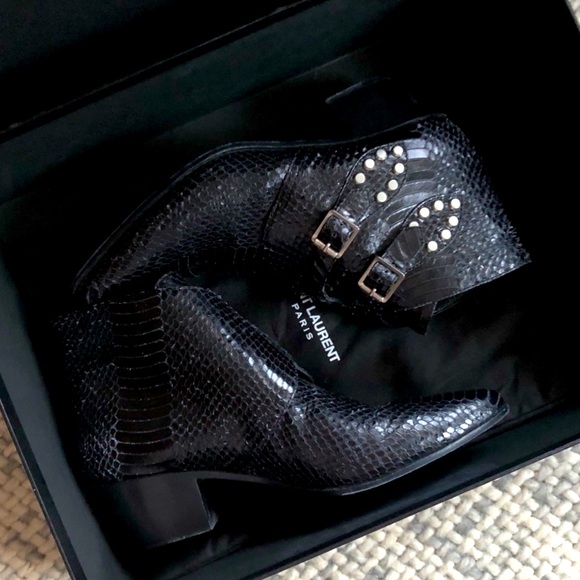Authentic SAINT LAURENT Black Python Studded Double Monk Ankle Booties (EUC) - Picture 10 of 11